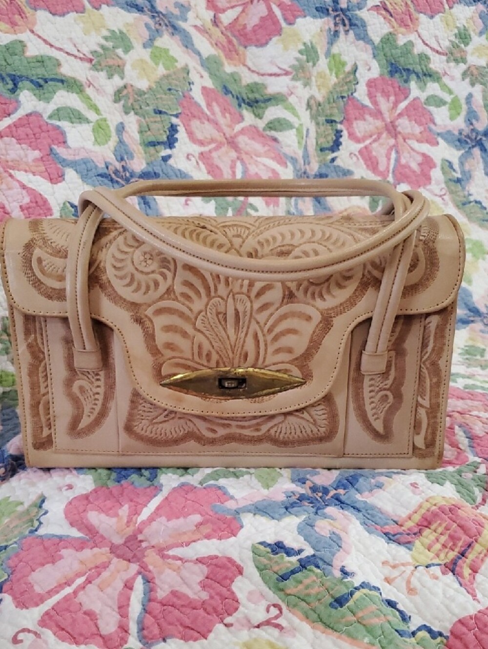 Vintage 60's Handcrafted Tooled Leather Satchel Handbag in Beige